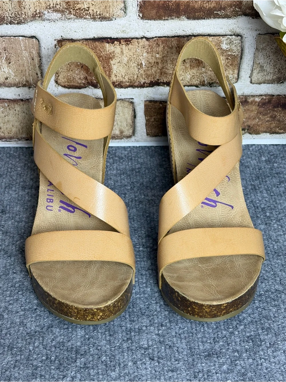 Blowfish Malibu Hapuku Tan Cork Wedges Sandals Strappy EUC | Size 8